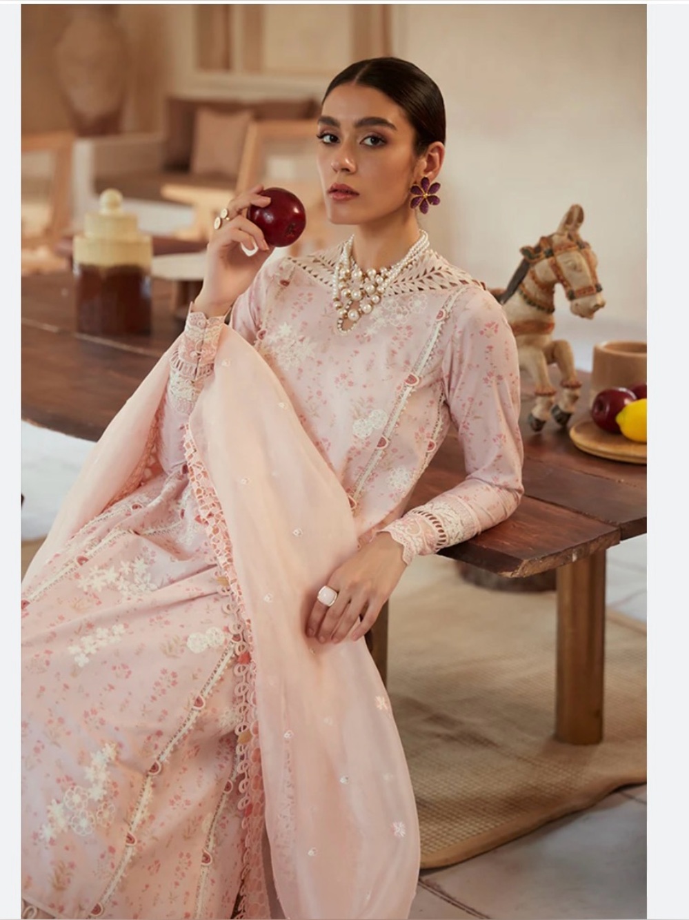 Blush Pink Long Sleeve Maxi Dress with Lace Details - Picture 2 of 4
